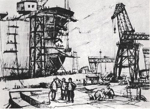 70年代美術速寫中的石油工業與港口拖輪 蓬勃發展的時代印記